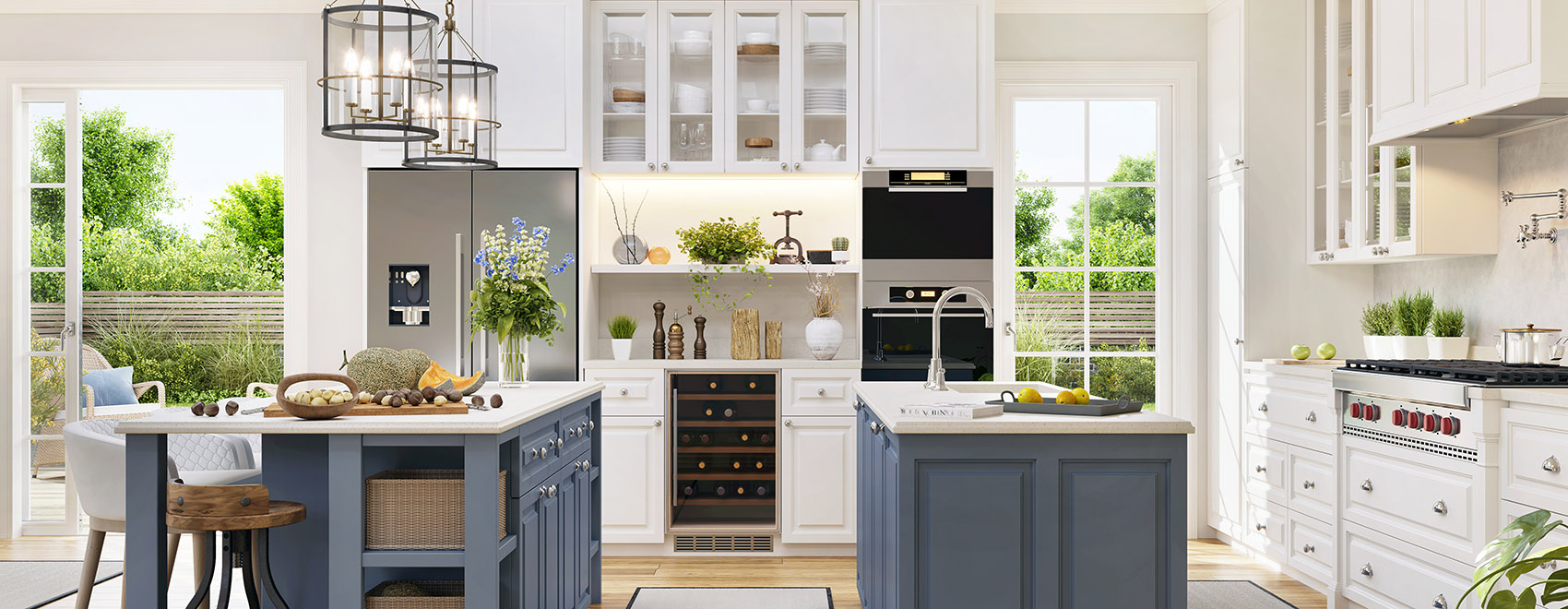 Modern kitchen with white counters and upper cabinets, gray lower cabinets, and spring green accents