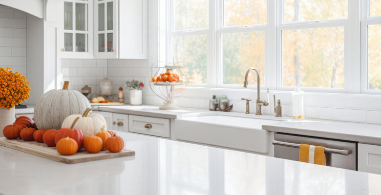 White modern kitchen decorated for fall with pumpkins and leaves