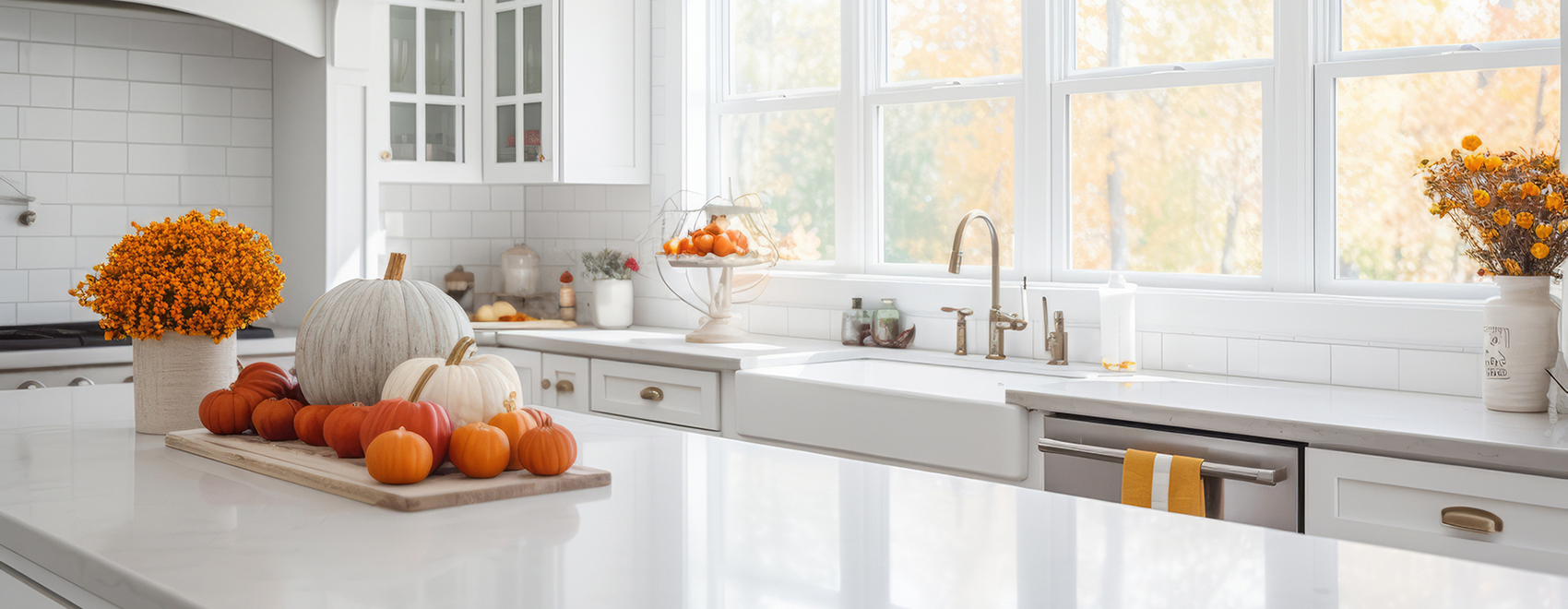 White modern kitchen decorated for fall with pumpkins and leaves