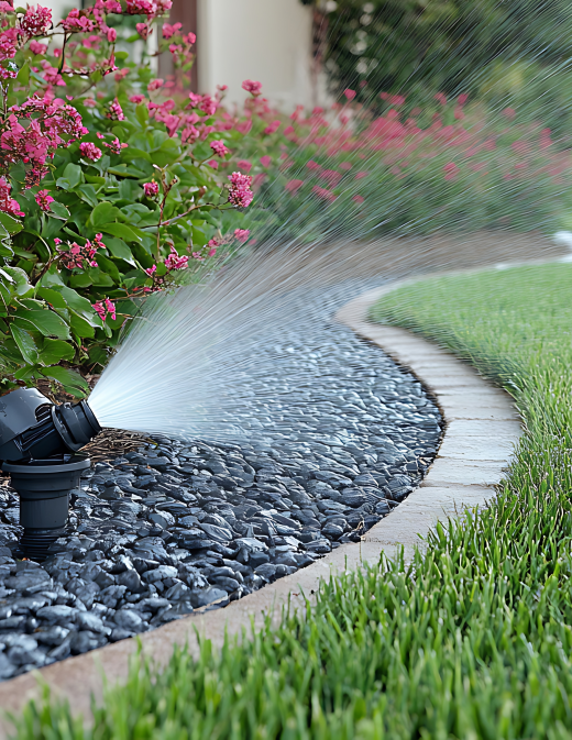 sprinkler spraying grass by flower bush